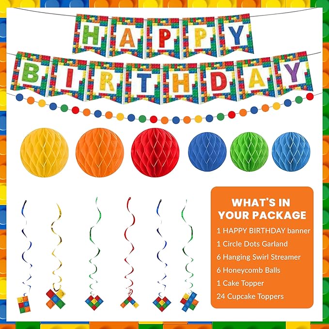 20pcs Building Blocks Themed Birthday Party Decorations Supplies Pack Happy Birthday Banner with Cupcake Topper for Colorful Backdrop Birthdays Party Decor