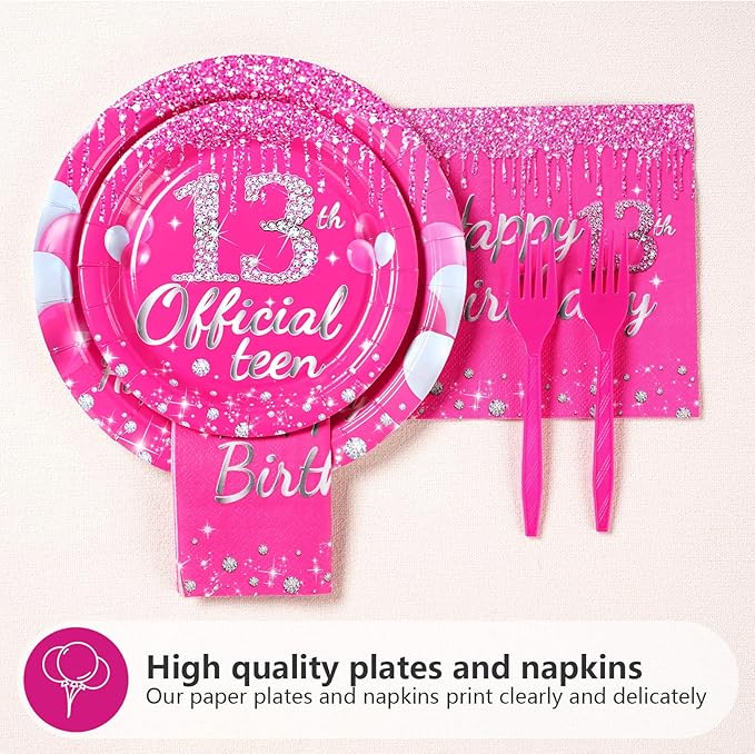 96 Pcs 13th Birthday Party Supplies Disposable Hot Pink 13 Plates and Napkins Tableware Set 13th Birthday Decorations for Girls Thirteen Official Teenager Happy 13 Years Old birthday Party Serves 24