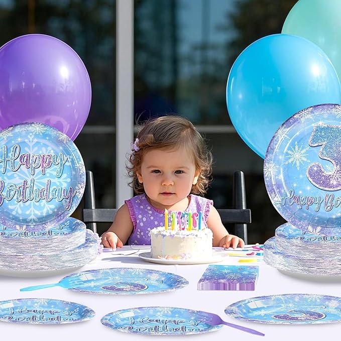 Grencian 96Pcs Frozen Party Supplies Winter Onderland 3rd Birthday Plates Winter Snowflake Disposable Happy 3rd Birthday Tableware for Kids Girls Frozen Themed Party Serves 24