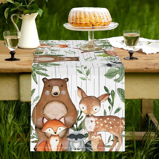Woodland Baby Shower Decprations, Wild Animal Birthday Decorations, Woodland Birthday Table Runner, Forest Wild Creatures Baby Shower Table Covers for Boy Girl Neutral Gender Reveal Decor