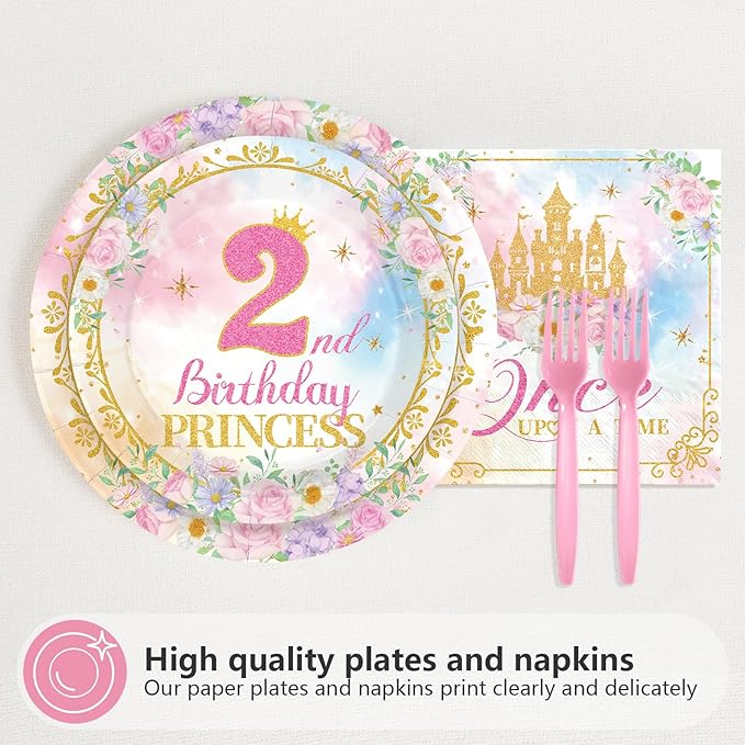 96Pcs Princess 2nd Birthday Party Decorations for Girls A Little Princess Is Turning Two Plates and Napkins Sets Pink Castle Once Upon a Time Decoration for Two Year Old Bday Party Supplies Serves 24