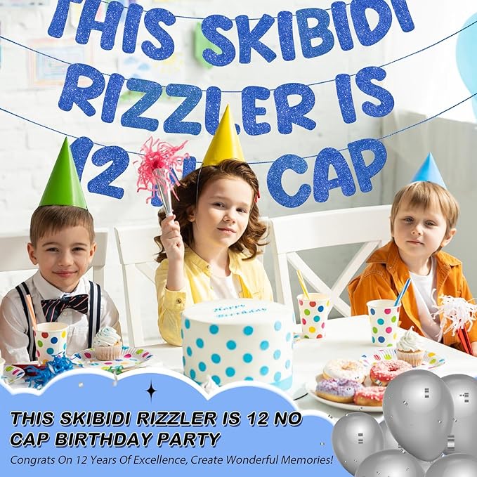 Fulmoon Pre Strung This Skibidi Rizzler Is 12 No Cap Glitter Banner 12th Birthday Party Decorations, Funny Birthday Sign, Party Supplies, Ideas, Gifts, Dark Blue