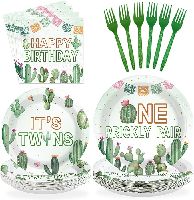 96Pcs Mexican Twins Baby Shower Decorations One Prickly Pair Plates and Napkins Mexico Fiesta 1st Birthday Decoration Favor for Twin Boys Girls Cactus Gender Reveal Birthday Party Supplies Serves 24