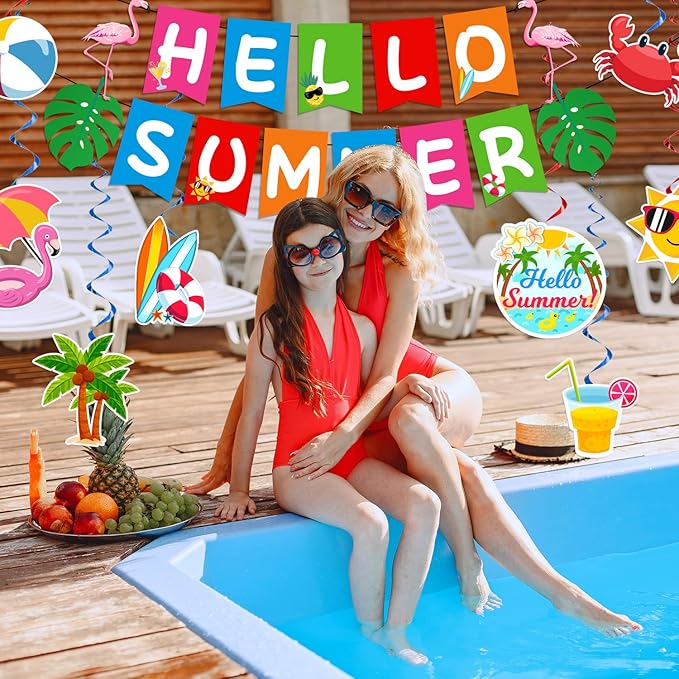 Summer Party Decorations, Beach Party Decorations Include Hello Summer Banner and Summer Beach Hanging Swirls, Summer Holiday Birthday Party Supplies