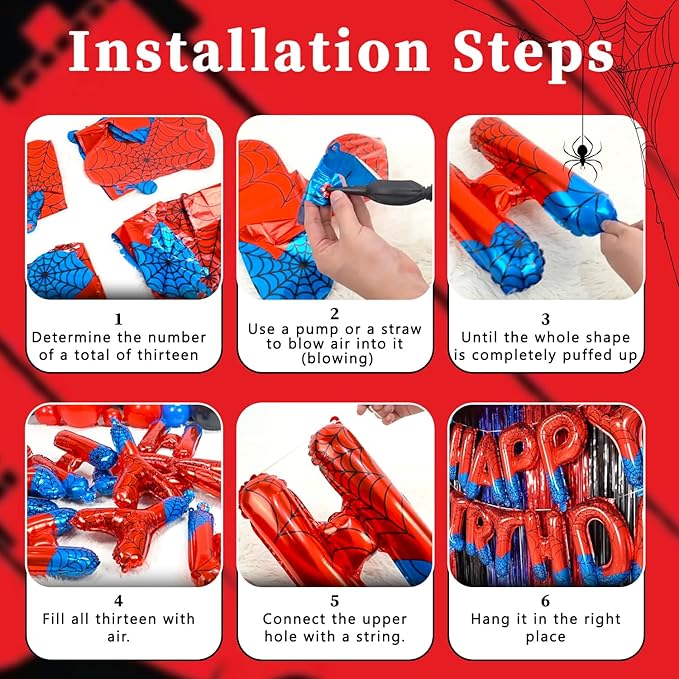 Spider Theme Happy Birthday Letter Balloons Banner, Red and Blue, Party Decoration