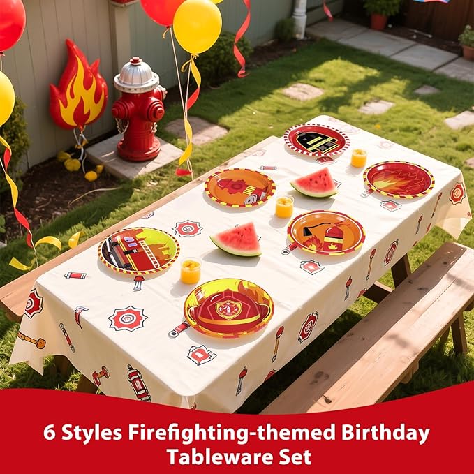 Grencian 60Pcs Firetruck Paper Plates 9" Large Disposable Heavy Duty Red Fire Truck Birthday Platter Firefighter Themed Dessert Plate for Kids Boys Birthday Fireman Fire Lunch Dinner Party Decoration