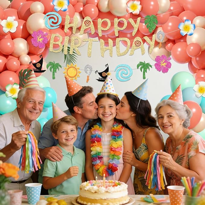 Ouddy Life 165Pcs Tropical Birthday Party Decorations, Summer Tropical Balloon Garland Arch Kit Coral Pearl Rose Gold Teal Pastel Blue Artificial Palm Leaves Banner for Hawaii Luau Party Supplies