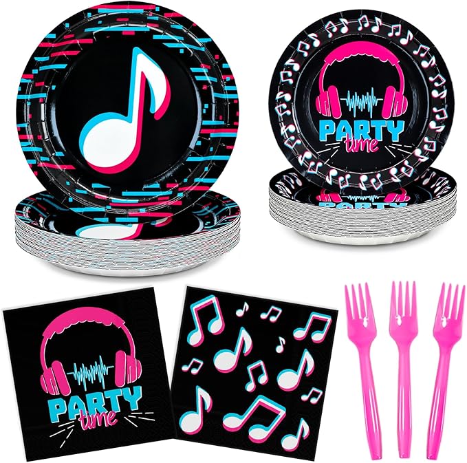 DYLIVeS 96 Pcs Music Party Supplies, Music Theme Birthday Party Decorations Disposable Tableware Packs Music Note Party Supplies for Girls - 9'' and 7'' Plates and Napkins, Forks (Serves 24)