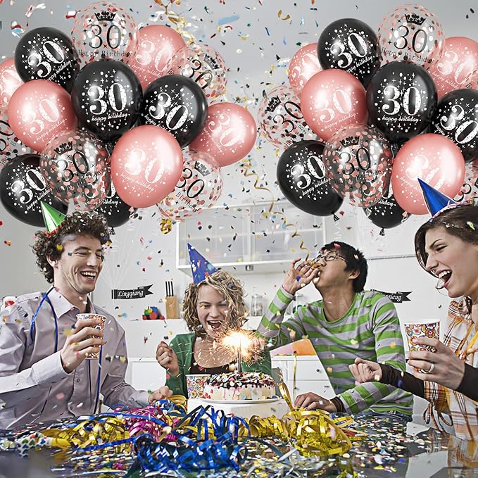 30th Birthday Balloons Rose Gold for Women, Pack of 15 Happy 30th Birthday Party Decorations for Her, Black Rose Gold 30th Balloons for Age 30 Years Old Birthday Celebration Party Decorations Supplies