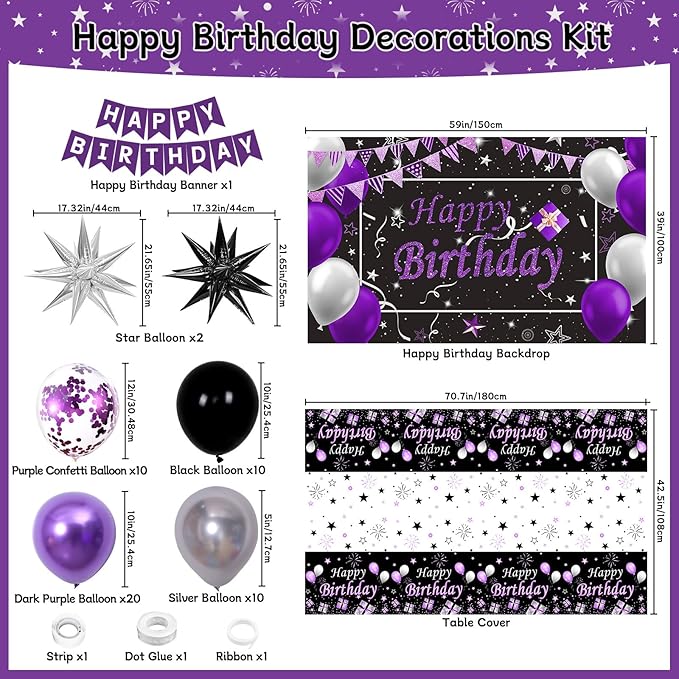 Black Purple Birthday Decorations for Women Girls Men, Purple and Silver Party Decorations Happy Birthday Backdrop Banner Confetti Star Silver Black Balloons Arch Tablecloth Party Supplies