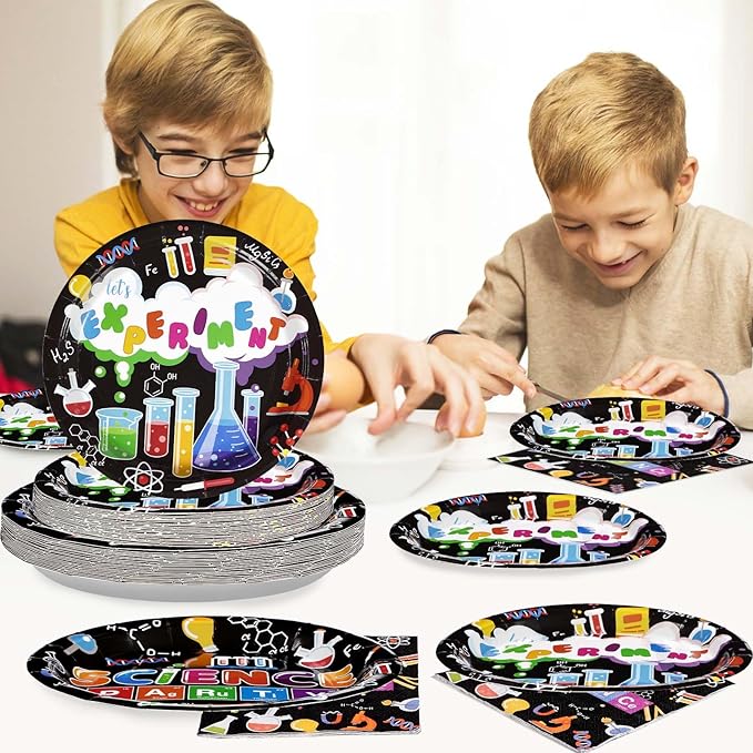 Grencian 96 Pcs Science Party Supplies 350 GSM Science Plates and Napkins Disposable Tableware Set Mad Scientist Dinnerware for Kids Little Scientist Decoration Favors Serves 24