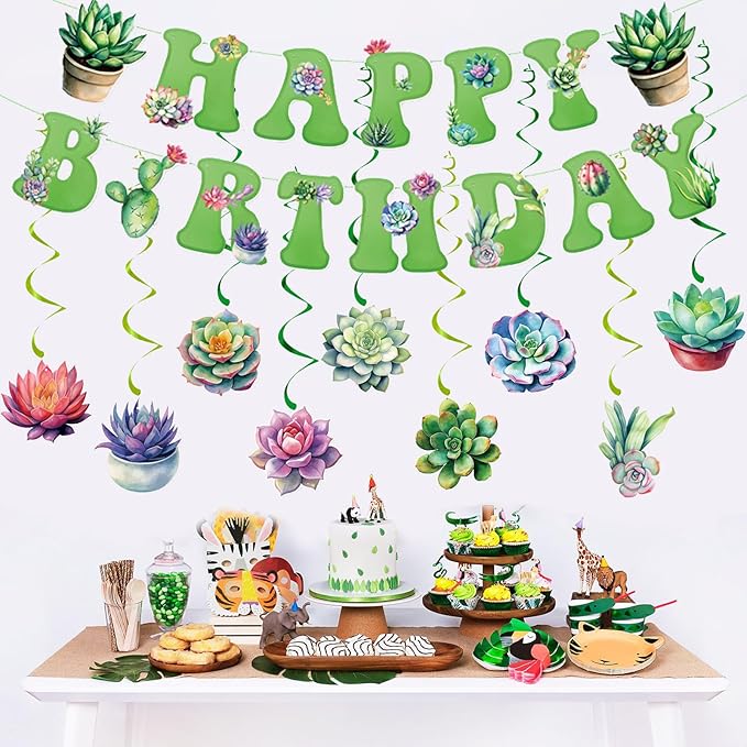 Zwiebeco Multicolored Succulent Plants Happy Birthday Banner Bunting Hanging Paper Swirls Garland Party Decorations for Spring Summer Plant Themed Boys Girls Baby Shower Decor Accessories Supplies