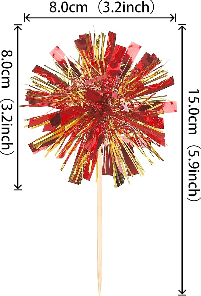 30 PCS Foil Firework Cupcake Toppers Sparkle Tinsel Cupcake Picks Happy Birthday Cake Decorations Drink Stirrers Cocktail Food Fruit Toothpicks for Baby Shower Graduation Party Supplies Red Gold