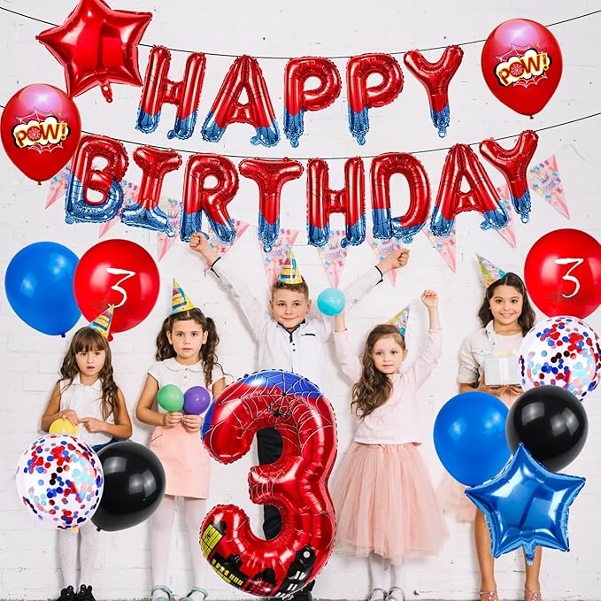 Cartoon Hero 40 Inch Red and Blue Spider Theme Number Foil Birthday Decoration Balloon, Spider Theme Happy Birthday Banner Party Decoration Balloon, Letter Logo Superhero Party Supplies (3)