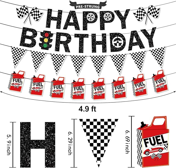 Pre-Strung Race Car Birthday Party Decorations NO DIY Glitter Happy Birthday Banner, Checkered Flag Fuel Can Banners Cars Themed Party Supplies