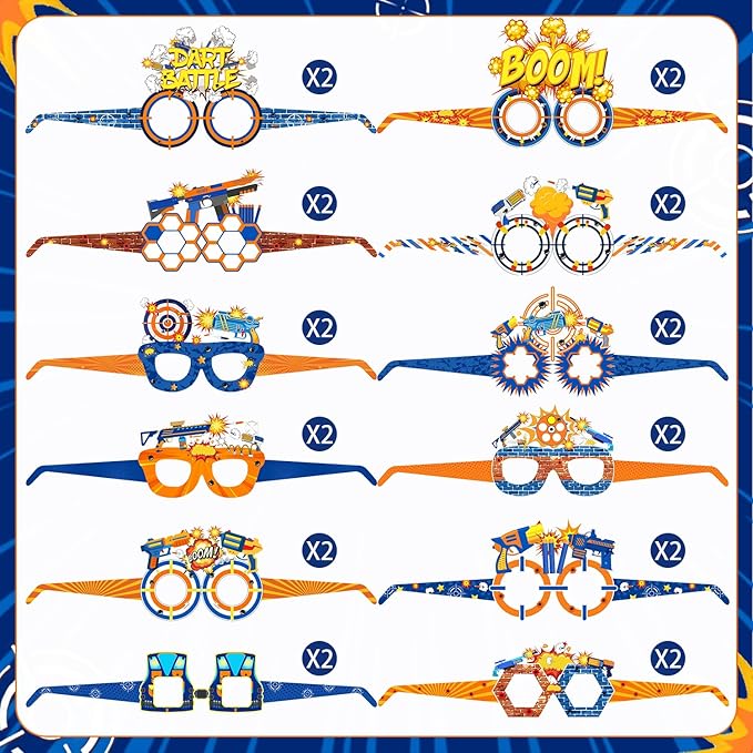 24 PCS Dart Battle Party Paper Eyeglasses, Dart Battle Party Favors Decorations Supplies, Dart War Birthday Party Decorations Gifts Photo Booth Props