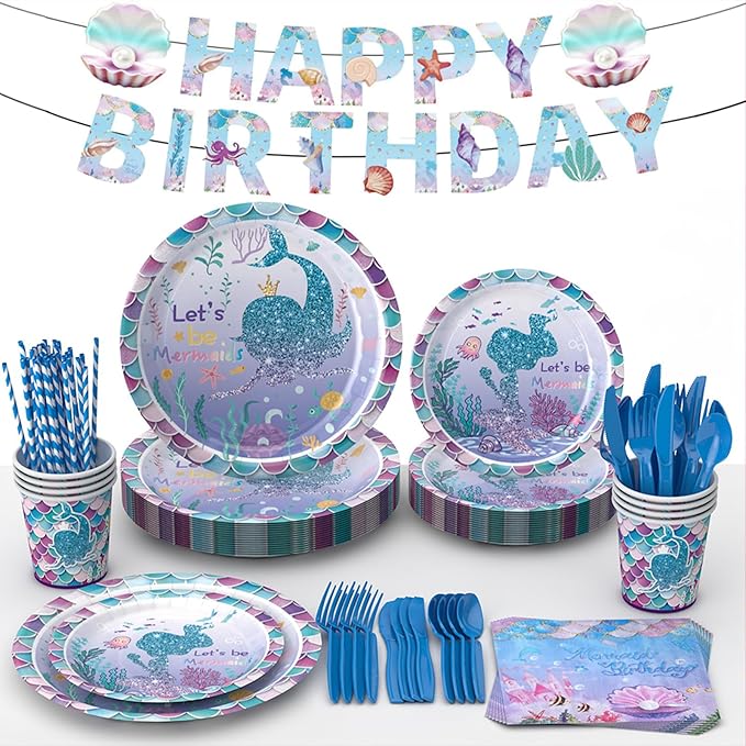 308Pcs Mermaid Birthday Party Decorations Set, Serves 24 Includes Plates, Napkin, Fork, Cup, Tablecloth, Banner, Backdrop, Tattoo, Mermaid Foil Balloons Arch for Party Supplies