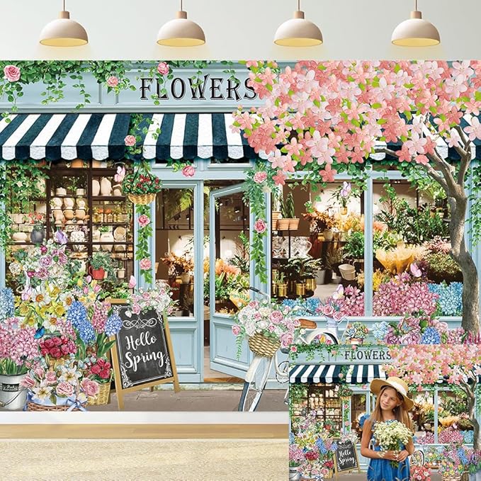 Flowers Shop Backdrop for Photography 7x5FT Spring Florals Butterfly Tea Party Background Hello Spring Banner Decorations Supplies Photo Props