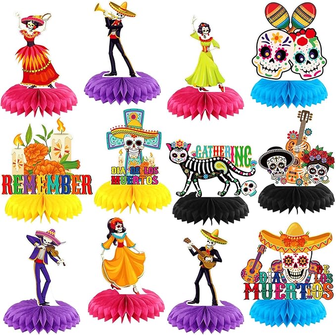 Pickmesh 12 Pieces Day of The Dead Party Decorations Honeycomb Centerpieces Dia De Los Muertos Table Decorations Sugar Skull Guitar Table Topper for Halloween Mexican Day of The Dead Party Favors