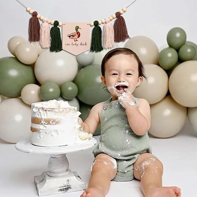 Gostman One Luck Duck High Chair Banner - Mallard Duck Hunting First Birthday Party Supplies,Mallard Duck Sign First Birthday Highchair Banner (mallard duck banner)