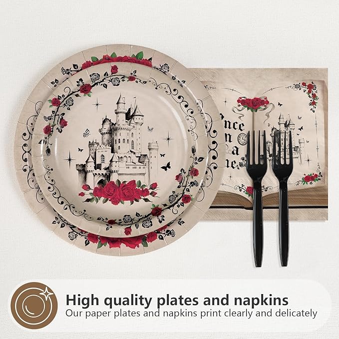 96Pcs Once Upon a Time Decorations Fairytale Birthday Plates and Napkins Retro Castle Princess Red Rose Decorations Tableware Sets for Birthday Wedding Bridal Shower Party Supplies Serves 24