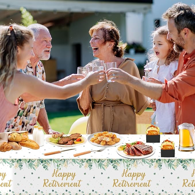 3Pcs Sage Green Retirement Party Supplies Greenery Happy Retirement Party Tablecloths Gold Green Going Away Parties Decorations Table Covers for Men Women Coworker Goodbye Parties Favors 107 x 54 Inch