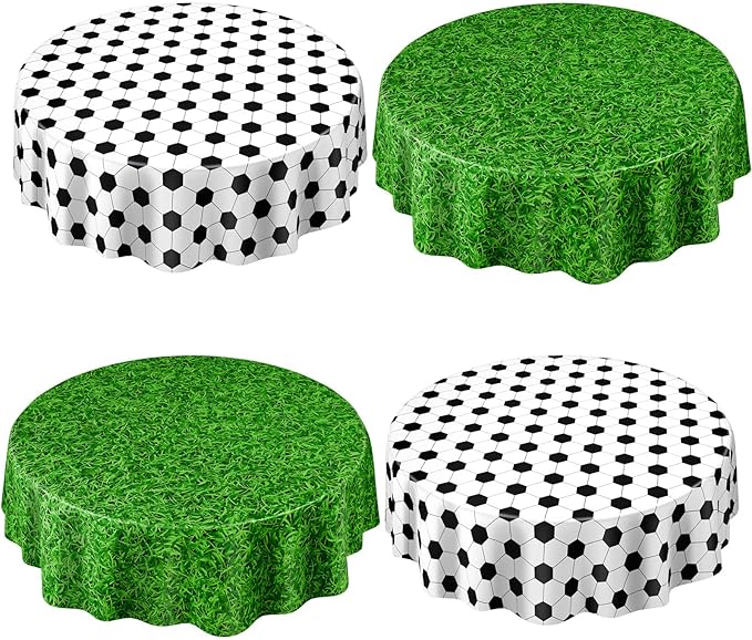 4 Pack Round Soccer Tablecloth 84 Inch Plastic Soccer Grass Party Decorations Disposable Grass Table Cloth Washable Disposable Circle Table Cover for Birthday Party Supplies Decoration