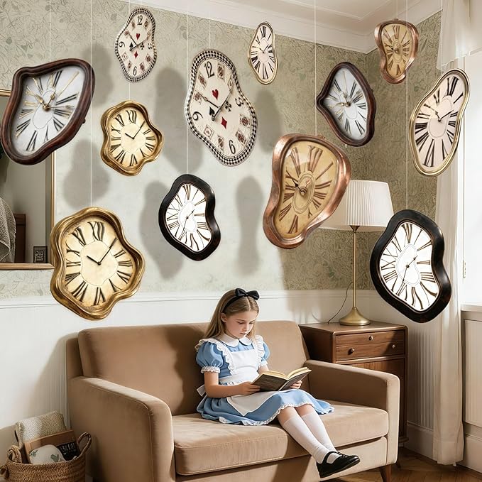 24 Pcs Wonderland Tea Party Decoration Clock Cards Hanging Banner Wonderland Melting Clock Garland Decorations Fairytale Theme Background for Birthday Baby Shower Garden Tea Party Supplies