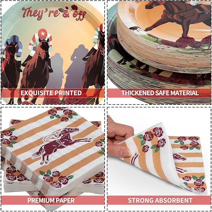 180Pcs Kentucky Derby Day Party Supplies Serve 60, Disposable Derby Horse Paper Plates and Napkins Set for Kentucky Derby Decorations Horse Birthday Party