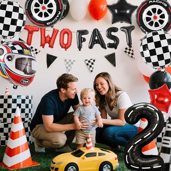 Two Fast Race Car Birthday Balloons Decoration Backdrop Racing Car 2nd Birthday Decoration 2-year old Boys Race Car Themed Bday Party Supplies