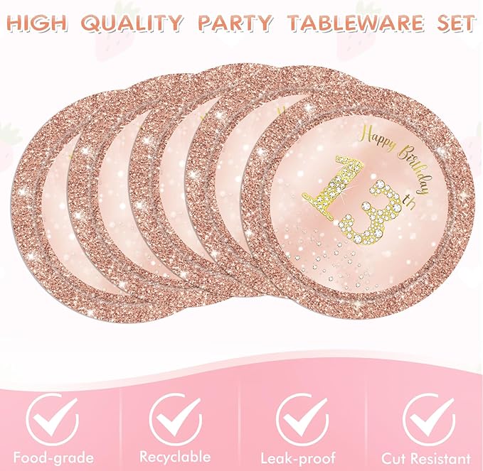 41PCS 13th Birthday Decorations Rose Gold Theme 13 Year Old Girl Birthday Decorations Including Happy Birthday Plates Napkins Tablecloth for Official Teenager 13th Birthday Party