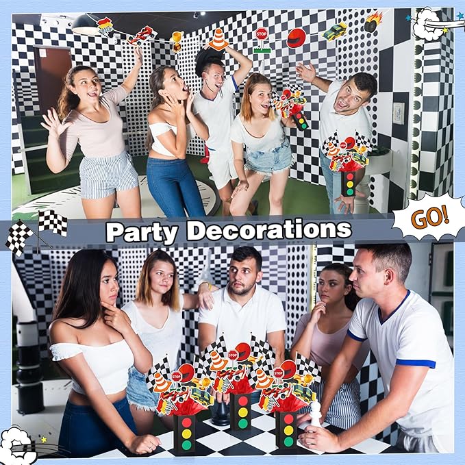 6 Sets Race Car Birthday Party Decorations Race Car Centerpieces for Tables with Traffic Boxes Themed Baby Shower Decoration Cutouts Checkered Flags for Birthday Theme Party Supplies