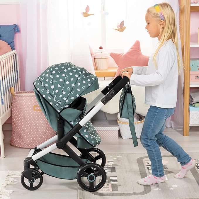 Bayer: Pram Xeo: Stars Green & White - Matching Handbag, Adjustable Handle, Dolls Up to 20", Ages 3+ | Baby Dolls | Dress Up