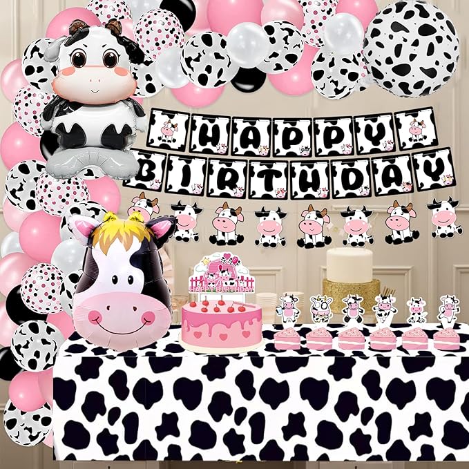 Bluegogo 120PCS Cow Birthday Party Decorations, Cow Print Birthday Decorations Include Pink Cow Balloon Garland Arch Tablecloth Banner Toppers Balloons for Cow Themed Birthday Party Supplies
