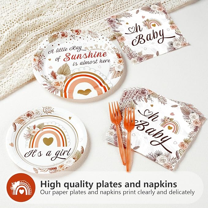 96Pcs Boho Baby Shower Decorations for Girl Boho Rainbow Baby Shower Plates and Napkins Tableware Set A Little Ray of Sunshine Baby Shower Party Supplies for Boho Rainbow Baby Shower Decor Serves 24