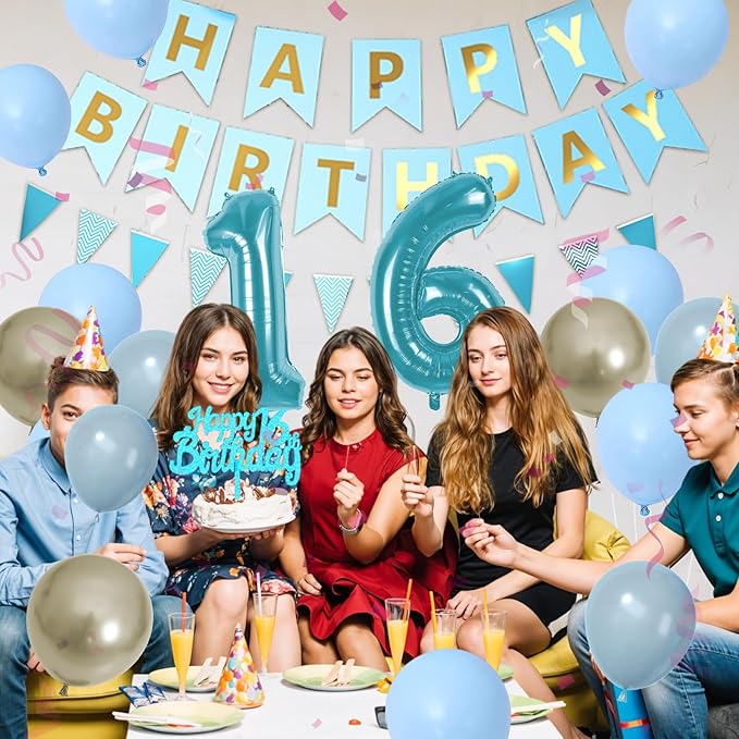 16th Birthday Decorations, Blue Happy Birthday Party Decorations With Teal Blue Number 16 Balloons Dusty Macaron Blue White Balloons Fringe Curtain Banner Cake Topper For Boy Girl Party Supplies