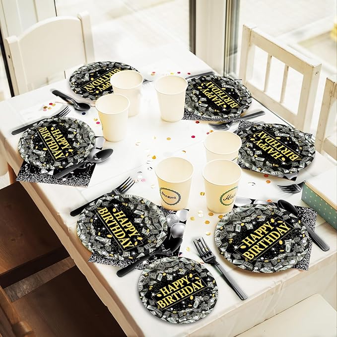 gisgfim 96PCS Money Birthday Party Supplies Paper Plates Napkins Money Decorations Tableware Set Disposable Hundred Dollar Bills Birthday Party Decorations Favors for Adults Serves 24