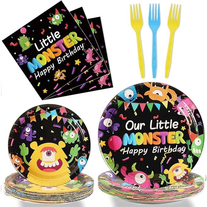 Monster Plates and Napkins Party Supplies Kit - 96 Pcs Tableware Set for Boy or Girl Birthday, Baby Shower - Serves 24
