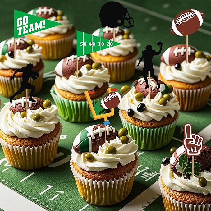 24 Pcs Football Cupcake Toppers, Disposable Foot Ball Themed Toothpicks, Touchdown Players Flagship Cake Toppers, Football Party Decorations 2026 for Sports Theme Baby Shower Party Supplies