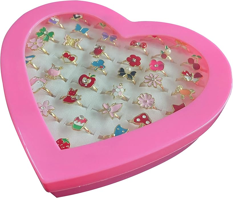 monochef 36pcs Little Girl Jewel Rings in Box Adjustable No Duplication Children Girls Kids Pretend Play Costume Princess Dress Up Jewelry Rings Party Favors Toys Gifts for Girls