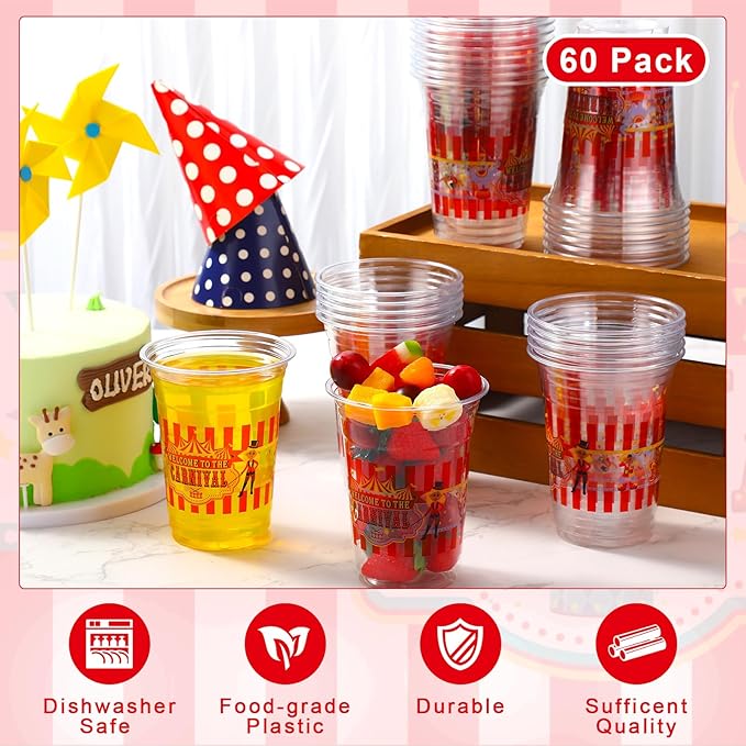 Jinei 60 Pcs Circus Carnival Party Plastic Cups Bulk 16 oz Circus Theme Disposable Cups Clear mug Drinking for Carnival Birthday Party Supplies Decorations