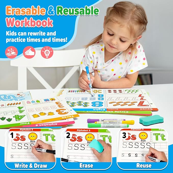 Dr.Rapeti Preschool Learning Activities Educational Workbook Busy Book 58 Pages 8 Dry Erase Markers Prek Montessori Handwriting Practice Activity Tracing Toy Early Learning Toy for 3 years+