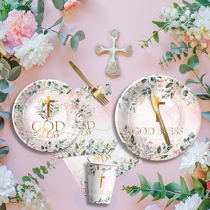 God Bless Baptism Decorations Tableware Girl - First Communion Decorations Supplies, Plate, Cup, Napkin, Fork, Baptism Plates And Napkins Set For Christening Baby Shower Religious | Serve 24