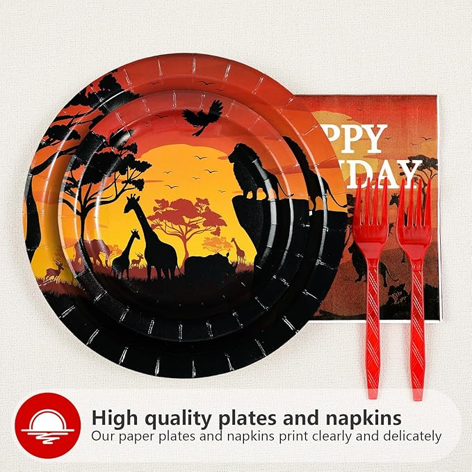 96Pcs African Safari Birthday Party Decorations Savanna Sunset View Plates and Napkins African Forest Jungle animals Scenic Tableware Set for Safari Theme Birthday Party Favors，Serves 24