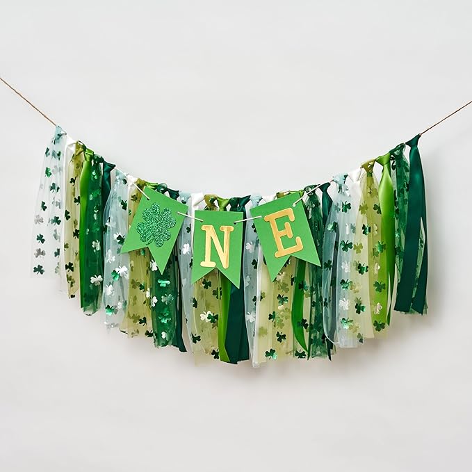 St. Patrick's Day High Chair Banner - Lucky One Birthday Party Supplies,Glitter Luck Shamrock Decorations,Four Leaf Clover First Birthday ONE Tutu Highchair Banner (lucky green)