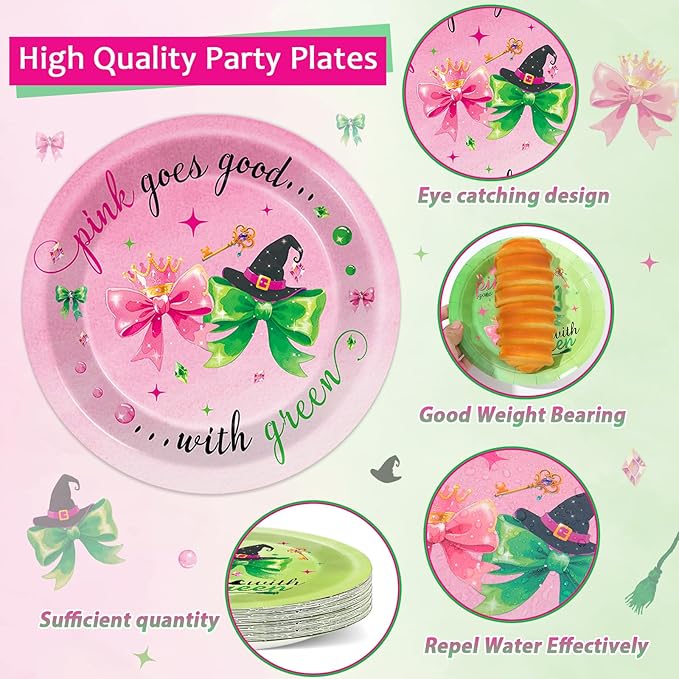 96PCS Witch Birthday Party Decorations Tableware Pink and Green Plates and Napkins Disposable Witch Tableware Set for Girls Birthday Party Decorations Baby Shower Movie Fans Decor Severs 24 Guests