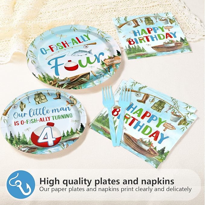 96Pcs Fishing 4th Birthday Party Decorations Gone Fishing Four Paper Plates and Napkins Ofishally Four Disposable Tableware Set for Fisherman Baby Shower 4th Birthday Party Supplies, Serves 24