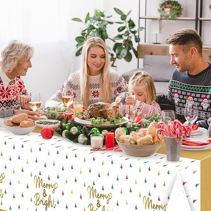 Christmas Winter Waterproof Tablecloths - 3 Packs Gold White Mini Christmas Tree Tablecloths Colorful Waterproof Table Cover Merry Bright Disposable Plastic Tablecloth Xmas Party Table Decor