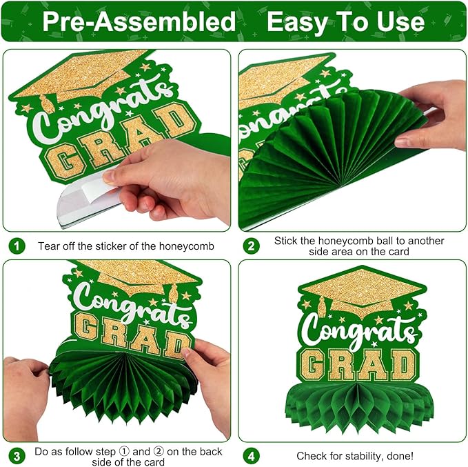 8 Pieces Class of 2026 Graduation Table Decorations - 2026 Congrats Grad Honeycomb Centerpieces, Green and Gold Table Toppers Decor for 2026 Graduation Party Decorations Favor Supplies