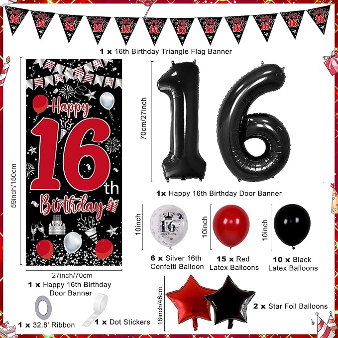 16th Birthday Decorations for Boys Girls, Red Black Happy 16th Birthday Boy Decorations Door Banner, Sweet 16 Birthday Party Balloons Decoration Large 16 Balloons Triangle Flag Decor for 16 Year Old